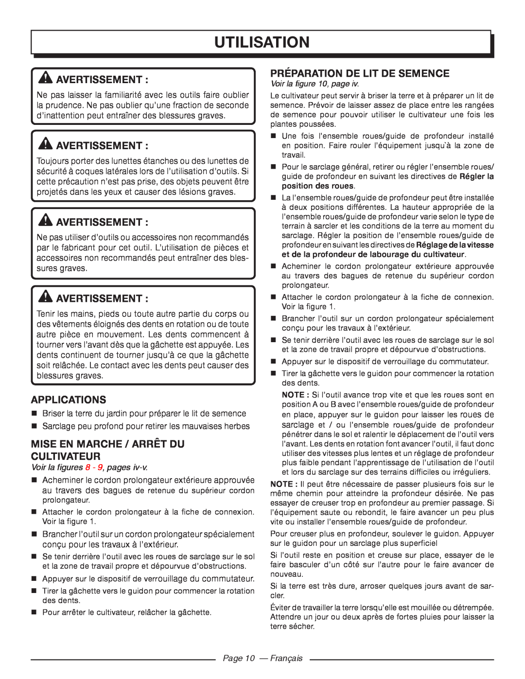 Homelite UT46510 Utilisation, Avertissement , applications, Mise En Marche / Arrêt Du Cultivateur, Voir la , page 